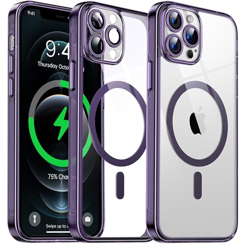 Flyzoo Cover Magnetica Trasparente per iPhone 12 Pro - [con Pellicola di Protezione Fotocamera] [Antilngiallimento & Antiurto & Antigraffio] Custodia Rigida con Bordo in Silicone, 6,1", Viola