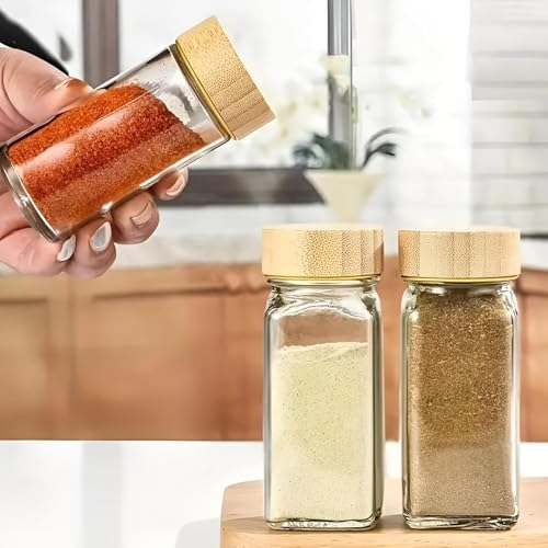 Image of VILON 120ml Glass Spice Jars with Airtight Bamboo Lids - Set of 12 Square Seasoning Containers - Premium Spice Organizer with Shaker Lids - Clear Glass Kitchen Storage Jars