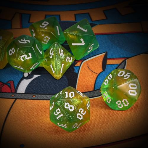 Dzxin DND Game Dice Set, 7PCS Polyhedral Dice Set for Dungeons and Dragons RPG MTG Role Playing Table Games (Yellow and Green) - Image 2