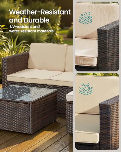 SONGMICS Garden Furniture Set, PE Outdoor Corner Sofa Couch, Handwoven Rattan Patio Conversation Set, with Cushions and Glass Table, Brown and Taupe GGF005K05 3 SONGMICS Garden Furniture Set, PE Outdoor Corner Sofa Couch, Handwoven Rattan Patio Conversation Set, with Cushions and Glass Table, Brown and Taupe GGF005K05 - Image 3