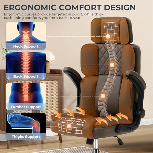 Image of Office Chair with Adjustable Headrest - Executive Leather Desk Chair for Home Office, with Flip-Up Arms & Ergonomic Lumbar Support, Perfect for Work and Study, Brown