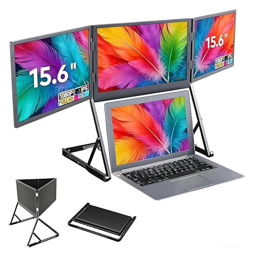 Image of 15.6 inch Laptop Screen Extender Monitor Portable, Triple Monitor with 360 Rotation Adjustable Viewing Angles, Just 1 Cable for 3 Screens, FHD 1080P IPS Laptop Extender Compatible with Wins /Mac