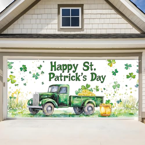 St. Patrick’s Day Garage Door Banner 7x16FT, Green Truck & Shamrocks Garage Door Cover, Festive Outdoor Decoration for St. Patrick’s Day Parties and Yard
