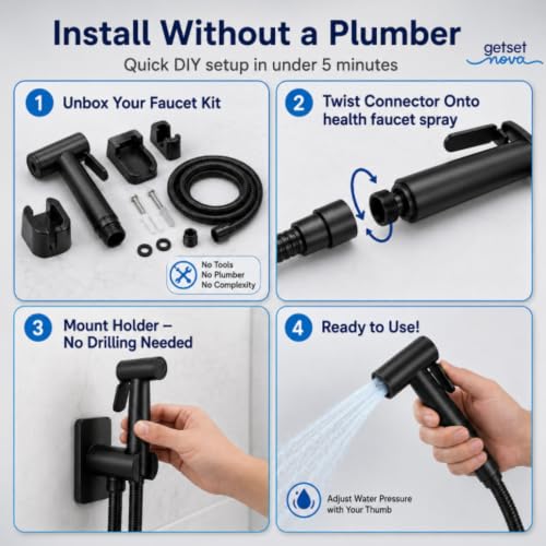 Image of Health Faucet Stainless Steel Handheld Bidet Sprayer with 1.5m Hose | Bathroom Hand Shower | Leakproof, Rust Resistant | Easy Installation. (Full Set Jet Spray Black)
