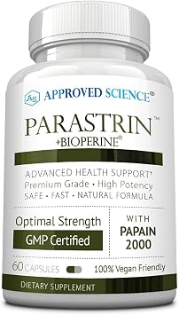 Approved Science Parastrin - Intestinal Detox Cleanse for Humans - Sweet Wormwood Capsules, Black Walnut Hull, Clove, Garlic, Pumpkin, Papain 2000, BioPerine - Men and Women - Vegan - 60 Capsules