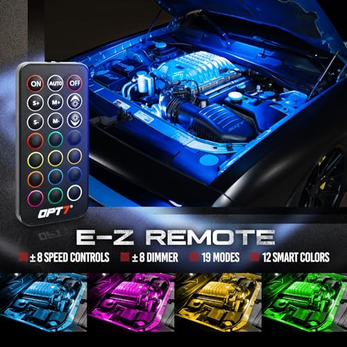 OPT7 Aura Engine Bay RGB LED Lighting Kit with Remote Control, 4 pc 12\" Under Hood LED Light Strips, Multi Color Mode, Exterior Neon Accent Lights for Car Truck RV SUV