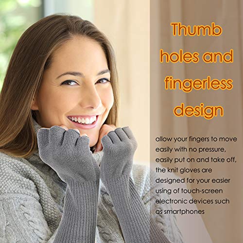 Geyoga 2 Pairs Winter Fingerless Gloves Long Thermal Knitted Mittens Stretchy Arm Warmers Half Finger Gloves for Men Women, 11 Inch (Black, Light Gray)