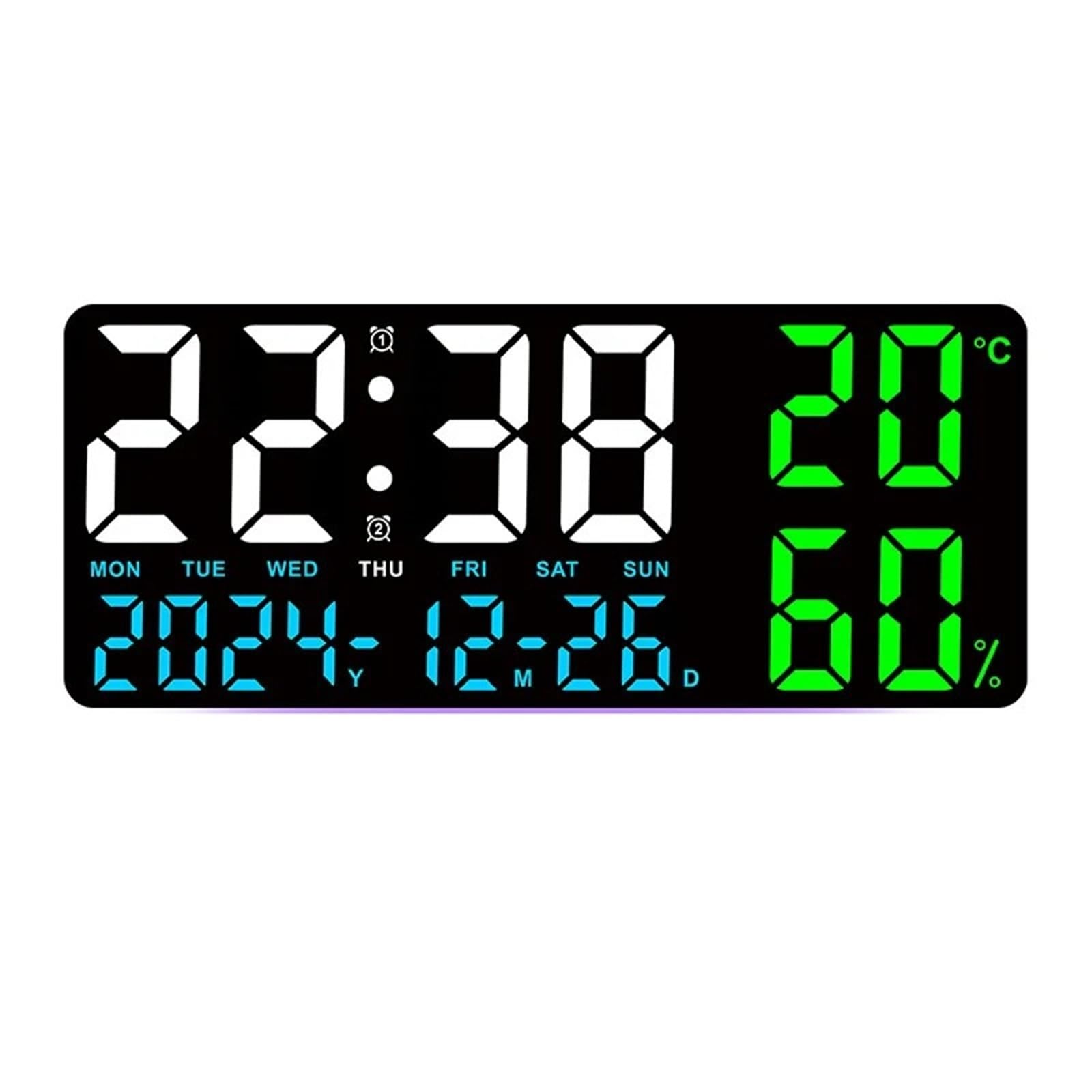 LADFRTYU Atomic Digital Wall Clock Large Digital Wall Clock With 7Colors Mood Light 2 Alarm TEMP Humidity Date Table 12/24H Timing Countdown LED(BWGBL)