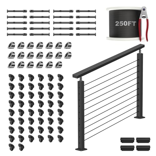 Image of 36 inch Complete Stair Railing Post Kits, Adjustable Top Stair Cable Post System Includes 2Pack 35 inch Stair Posts, 4.5FT Cable Handrail, 150FT Wire Rope, Black Swageless Deck Cable Railing System