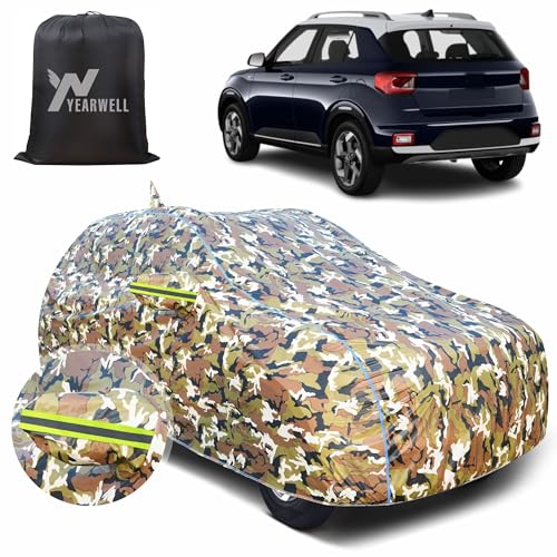 Image of Car Body Cover for Hyundai Venue, 100% Waterproof with Mirror & Antenna Pockets, Military Print Design, UV & Dust Protection, Triple Stitched, Sky Piping & Reflector (Jungle Print)