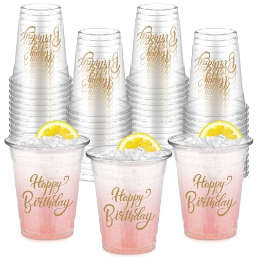 FoldTier 50 Pcs Happy Birthday Cups 12 oz Plastic Birthday Party Glasses Clear Disposable Drinking Cups for Home Kitchen Theme Party Favors Supplies Decoration
