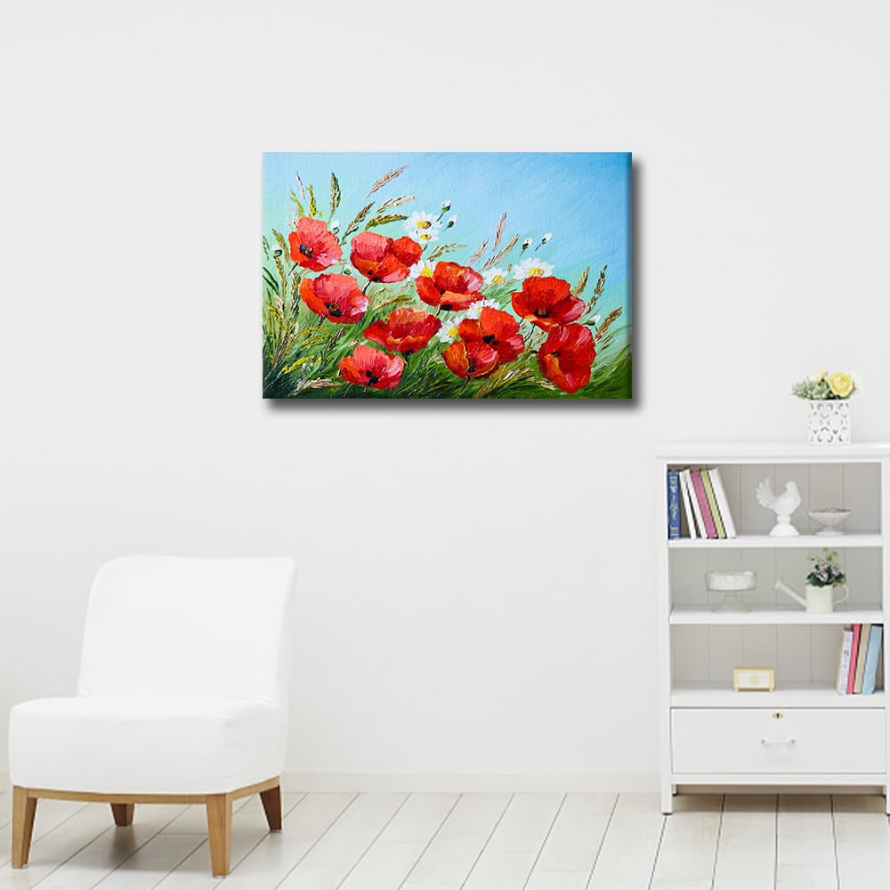 Canvas Wall art Flowers Oil Painting Prints Red Poppies in the Field Painting Flower Wall Art Artwork for Bathroom Bedroom Living Room Home Decoration Framed Ready to Hang 16x24 in - Image 2