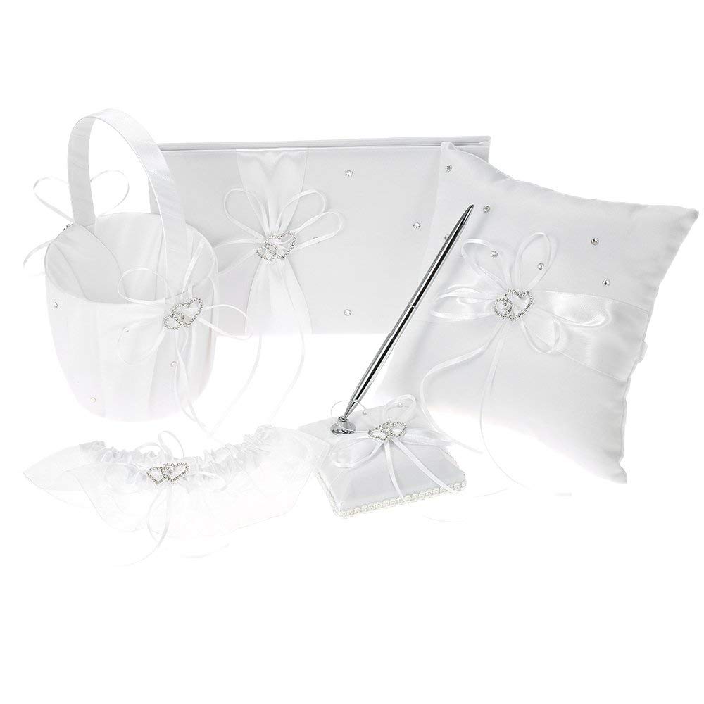 Five Wedding Accesorries Sets White Wedding Guest Wedding Ceremony Supplies Party Favor Sets Wedding Flower Girl Basket Guest Book Pen with Ring Pillow and Garter