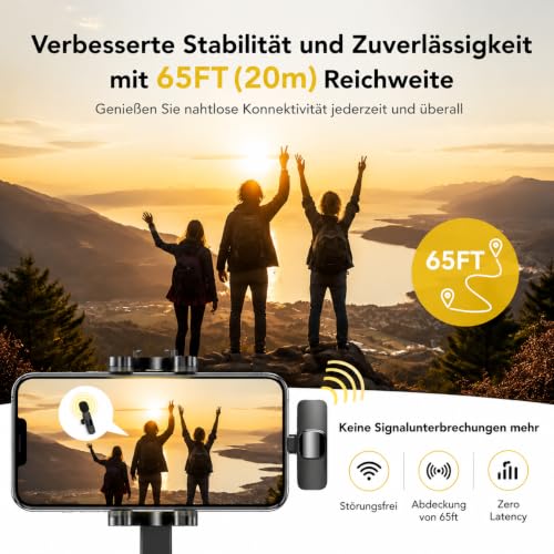 Qhot Kabelloses Lavalier Mikrofon für iPhone, Android & Handy – Mini mikrofon mit USB-C & Lightning, 10h Akkulaufzeit, 2,4 GHz Wireless Microphone für Vlog, Video, Interview & Podcast (Schwarz)