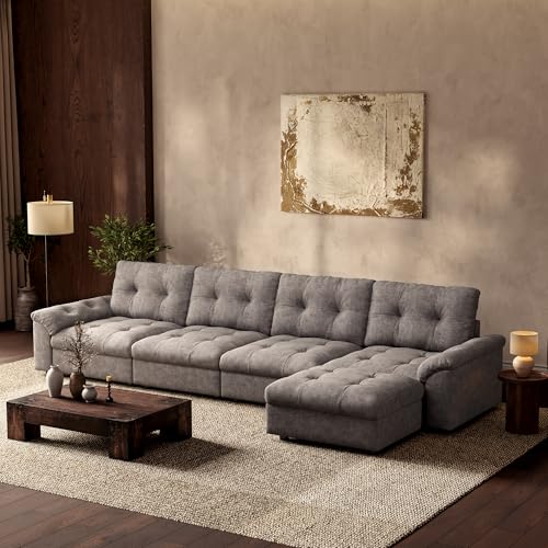 Image of Oversized Modular Sectional Sofa with Storage, Modern Deep Seat Cloud Couch for Living Room, L-Shaped Large Sectional Couch, 4 Seater with Ottoman, Gray