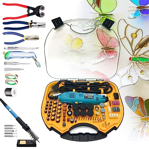 Stained Glass Kit,Mosaic and Starter,with Mini Electric Engraving Pen Set& Cutter Tool &Soldering Iron &Copper Foil Tape&Solder Wire&Glasses
