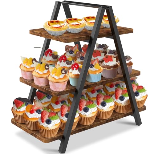 ELITEROO 3 Tier Cupcake Stand, Farmhouse Wood Dessert Table Display Set, Rectangle Dessert Tier Stand for 50 Cupcakes, Rustic Brown Tower Stands for Home Parties Decor Vendor Event