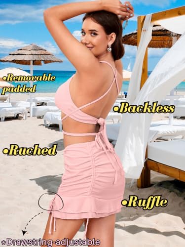 3 Piece Swimsuits for Women,Ribbed Bikini Set with Ruffle Cover Up Skirt,Criss Cross Bathing Suits Beach Vacation3