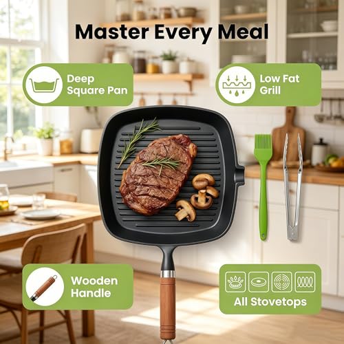 Cast Iron Grill Pan, 9 Inch Griddle Pan Skillet with Kitchen Tong & Brush - Image 6