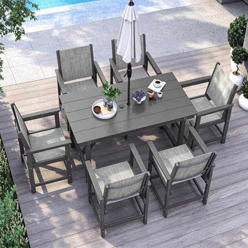 Image of 67'' HDPE Outdoor Dining Table for 6 Rectangular Patio Table for Yard Deck | Dining Table with Umbrella Hole Large Space for 4-6 All-Weather Resistant Heavy Duty Rust-proof Outdoor Indoor Use