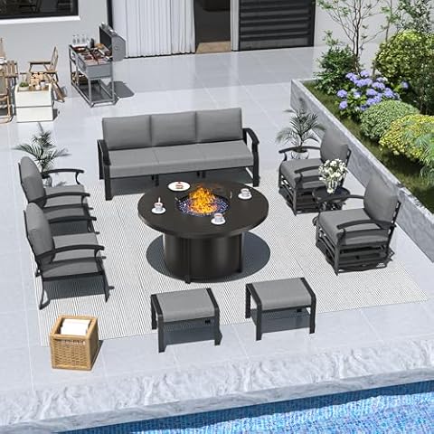 ALAULM Aluminum Patio Furniture Set with Round Propane Fire Pit Table 9-seat Metal Outdoor Furniture w/Swivel Chairs & 2 Ottomans Patio Sectional Sofas for Porch, Lawn, Poolside（Grey Cover