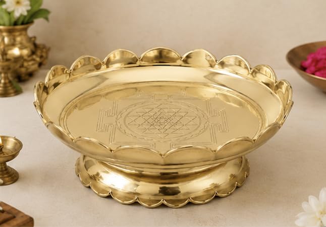 Image of Brass Shree Yantra Lotus Stand | Decorative Brass Yantra for Pooja Temple Home Office and Spiritual Decor | Lotus Base Design (7 Inches)