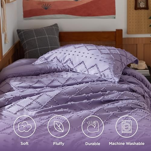 Image of Bedsure Twin Comforter Set - Grayish Purple Boho Twin Comforter, Distressed Vintage Dorm Bedding Set for Kids, 2 Pieces Modern Farmhouse-Style Bed Set, Includes 1 Pillow Sham