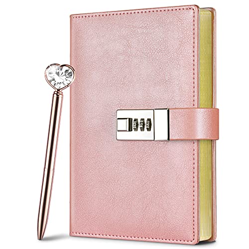 Diary with Lock, Leather Journal with Lock and Pen, Notebook with Lock for Girls Gift Ideas, Locking Dairy Journal for Adult Women and Men with Gift Box, Secret Personal Journal with Lined Page (Pink)