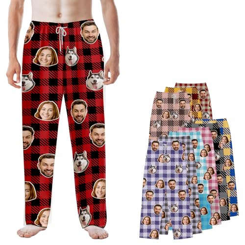DXDOING Pantalones de Pijama de Cuadros Personalizados con Foto - Pijama con Tu Cara Estampado Tartán para Hombre y Mujer - Elige entre 10 Colores, con Bolsillos - Regalo Original para Cumpleaños, Nav
