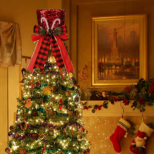 Christmas Tree Topper Hat, Large Red Sequins Bowler Derby Hat With Pinecone, Pine Needle And Christmas Color Bowknot For Seasonal Holiday Table Fireplace Decorations #TOP1