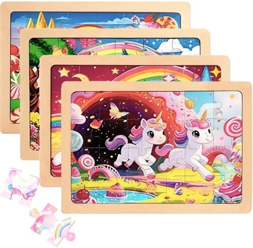 Wooden Puzzles for Kids Ages 3-5, Set of 4 Packs with 24 Pieces Wood Jigsaw Puzzles, Unicorn Theme Educational Toys Birthday Gifts for Girls 3 4 5 6 Years Old
