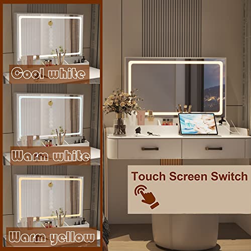 Vanity Desk Set, Makeup Vanity Mirror With Three-Color Adjustable Brightness Lights And Table Stool Set, Modern Wide Space Desktop Dress Up Table With A Power Strip And Two Large Drawers, Light Oak #TOP1