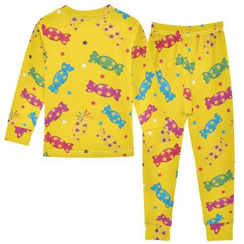 Pajama Sets Long Sleeve Colorful Candy with Star on Yellow Soft Comfy Sleepwear 2 Piece PJS 3-8T3