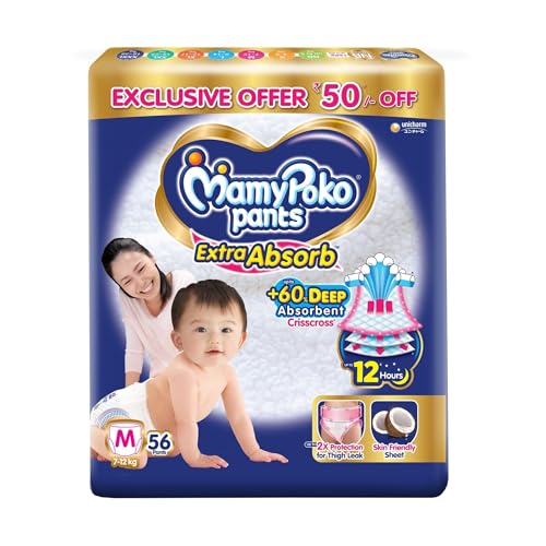 Image of MamyPoko Pants Extra Absorb Baby Diapers, Medium (M Size) | 7-12 kg | 56 Count |Deep Sleep Diapers| Soft Gentle fit |Deep Absorbent Crisscross | Skin Friendly with Coconut Oil |