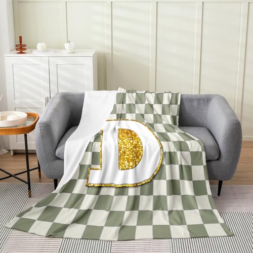 Image of Erosebridal Sage Green Checkered Fleece Blanket Throw 50 inchx60 inch Plaid Initial D Flannel Blanket Personalized Monogram Fuzzy Plush Throw for Kids Boys Girls,Fashion Grids Gingham Decor for Bed Couch