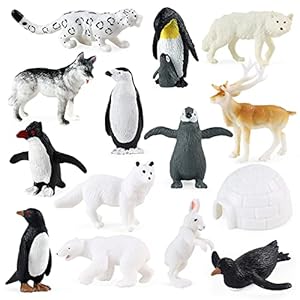 RCOMG Arctic Animals Figures, 14pcs Mini Polar Animal Figurines, Plastic Arctic Animal Toys Set with Arctic Fox Wolf Reindeer Penguins Toys