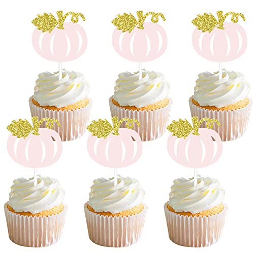 24Pcs Pink Pumpkin Cupcake Toppers,Glitter Pumpkin Cupcake Topper,Little Pumpkin Cupcake Topper Girl for Fall Birthday Party ,Pumpkin First Birthday Girl,Little Pumpkin Baby Shower Decorations Pink