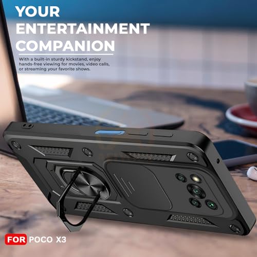 Image of Armor Bumper Back Cover Case for Poco X3 Rotating Camera Cover, Ring Holder & Kickstand | Heavy Duty & 360 Degree Protection Poco X3 Back Cover (Black)