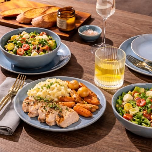 Image of GBHOME Dinnerware Sets with Double Bowls for 6, 24 Pieces Stoneware Plates and Bowls Set, Scratch Resistant Ceramic Dishes Set, Dishwasher & Microwave Safe-Alaskan Blue