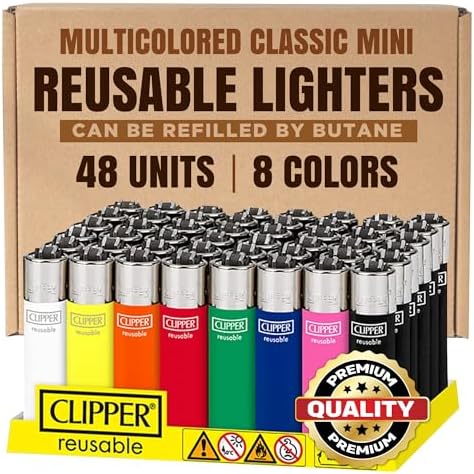 Clipper Classic MINI Reusable Lighters - Wind & Water Resistant Premium Quality Adjustable Flame Refillable Lighter - Solid Assorted Colors Collection - 48 Units, 8 Colors