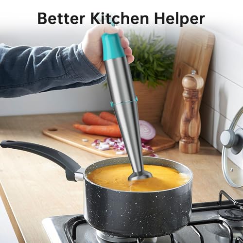 Image of Turelar Immersion Blender Handheld Corded Hand Blenders Set 1100W, Trigger Variable Speed 5 in 1 Stick Emulsifier with Chopper, Whisk and Frother for Soup, Baby Food and Smoothies, Cyan Blue