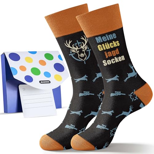 Jeasona Geschenke für Männer Fun Socken Herren 43-46 Geschenke für Jäger Motiv Jagd Jäger Geschenke Jagdzubehör Lustige Baumwollsocken mit Spruch Schwarz Orange