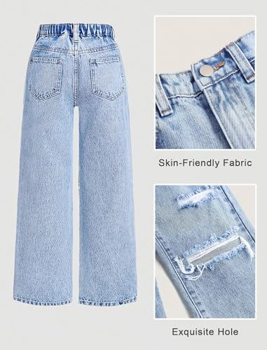 Baggy Jeans for Girls Wide Leg Ripped High Elastic Waisted Denim Pants Cute Summer Trousers Y2K Streetwear 7-14Y2
