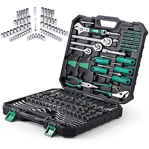 Towallmark 213 Piece Mechanic Tool Set and Socket Wrench Set, SAE and Metric Household Hand Tool Kit, Cr-V Constructed, Home/Auto Repair Tool Sets with Storage Case Cover
