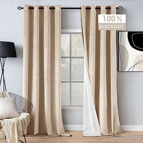 MIULEE 100% Blackout Velvet Curtains - 84 Beige Drapes for Bedroom and Living Room, Thermal Insulated Grommet Light Blocking (Set of 2)