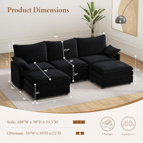 Image of Vesgantti 108 inch U Shaped Sectional Couch, Comfy Cloud Modular Sectional Sofa with 2 Ottoman Deep Seat Corduroy Modern Cloud Sofa, Modular Sofas for Living Room, Bedroom and Apartment, Black