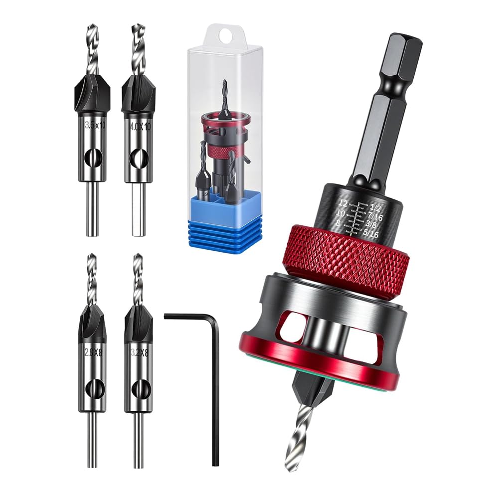 Jnchdghwa As Shown Wood Countersink Bit With Wrench 4Pcs Four-Flute Hss M2 Tapered Drill Bits Adjustable Depth Stop Collar For 82 Degree Woodworking,