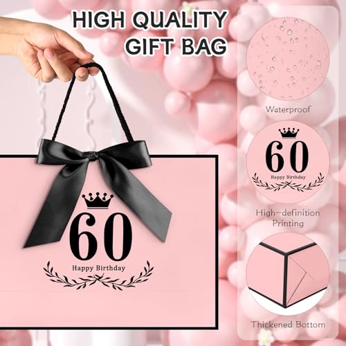 Image of JMANNI 60th Birthday Gift Bag, Pink with Black Satin Bow & Crown Design, Medium Happy 60th Birthday Present Bag for Party Favors, Size 12.60 inchx8.66 inchx4.33 inch