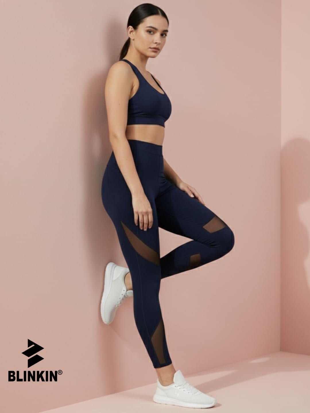 BLINKIN Pantalones de gimnasio elásticos para mujer y mallas para mujer con inserto de malla y bolsillos laterales (2670), Azul Marino, 36