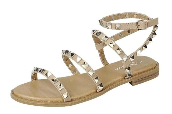 Buy Womens Flat Studded Over the Toe Strap Sandals, Nude, 10 at Amazon.in